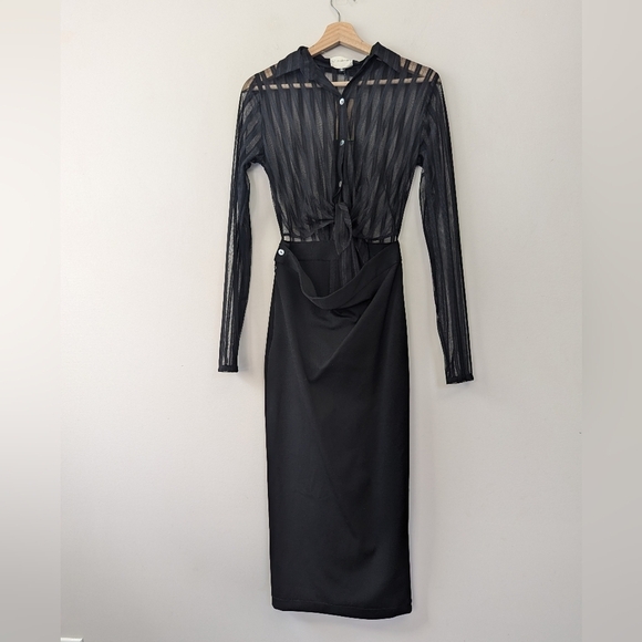 Bill Hallman Sheer Striped Pencil Midi Dress Retro Wiggle - Picture 2 of 15